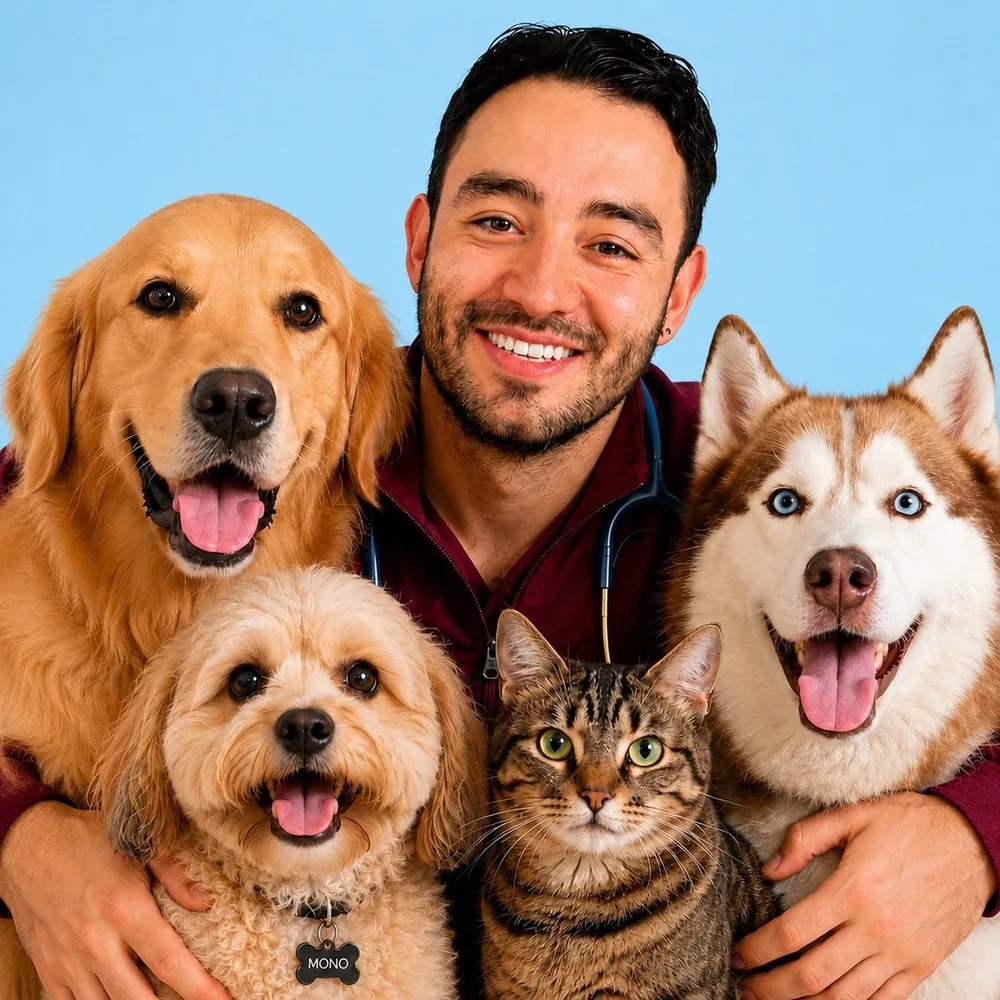 Camilo López con un golden retriever, un husky, un perro pequeño y un gato